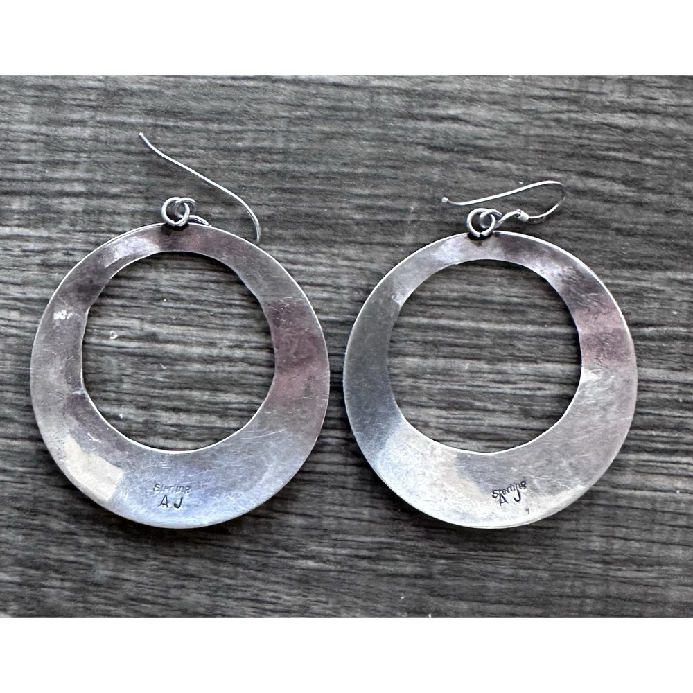 Navajo Sterling Silver Multi Stone Large Hoop Earrings Signed AJ - Picture 14 of 16